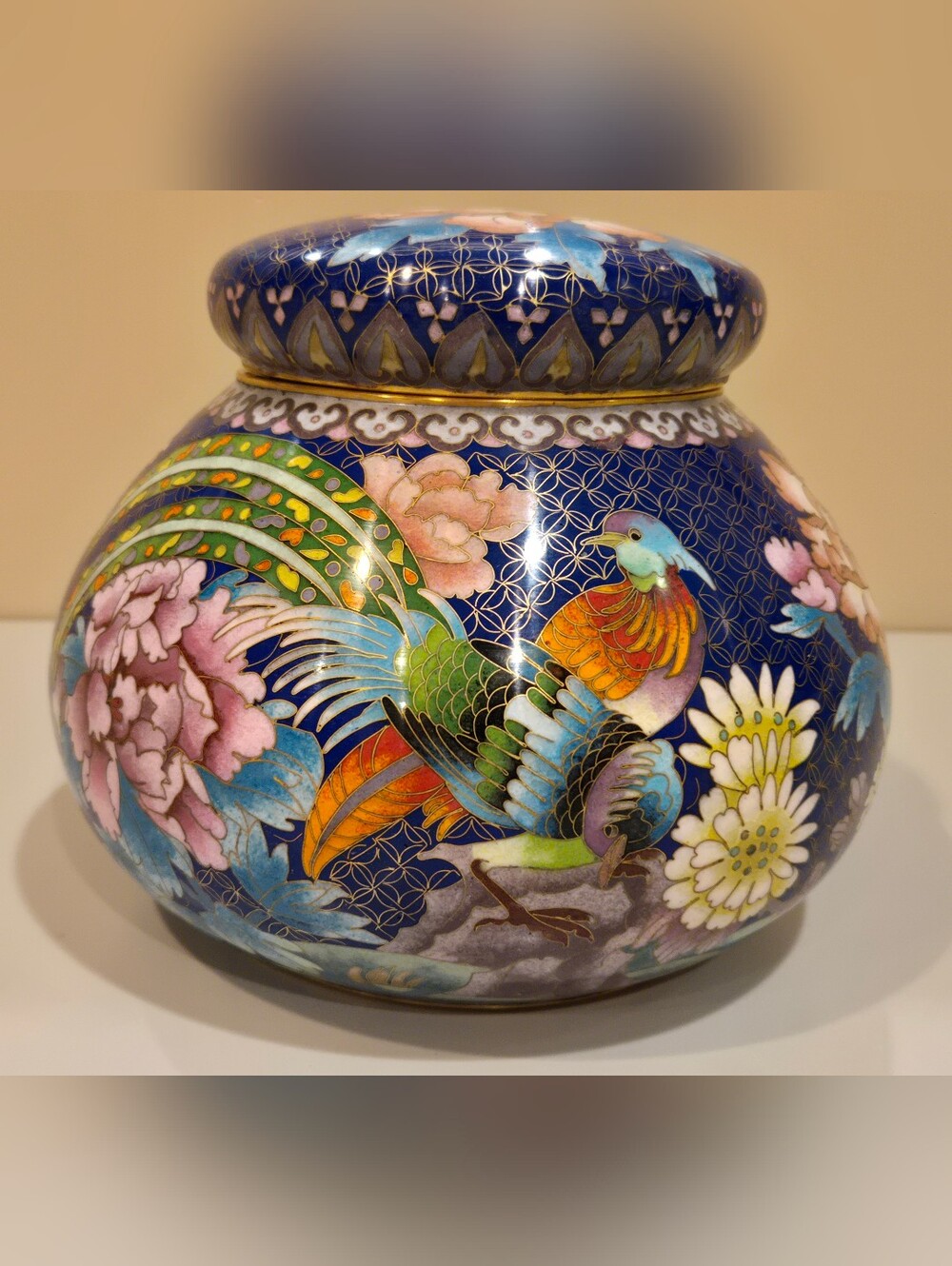 Blue Cloisonné Decorative Jar with Multicolor Bird and Floral Motif